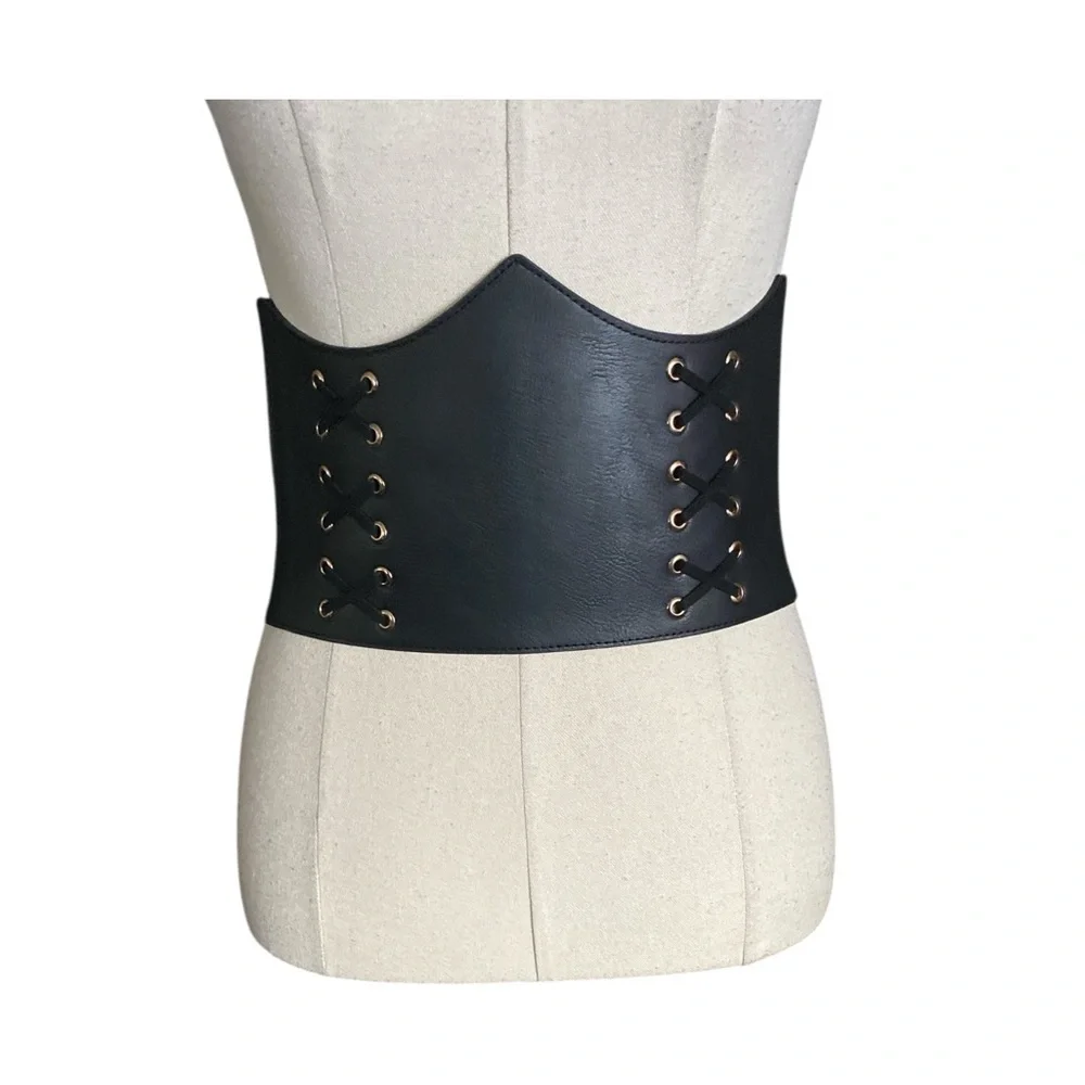 Black faux leather lace-up corset high waisted belt with an elastic panel